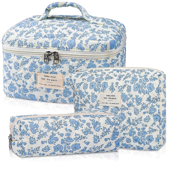 None Handbags - 3 pc set Cotton Floral Blue and White Travel Bag Set Spring Break